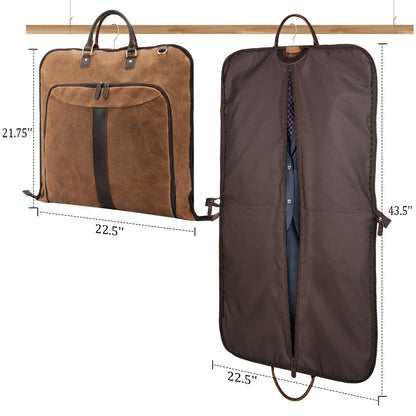 Polare Waxed Canvas Full Grain Leather Trim Garment Carry On Bag for Travel, Foldable Hanging Suitcase Weekender Dust-Proof Garment Waterproof Cover with YKK Zipper and Adjustable Strap