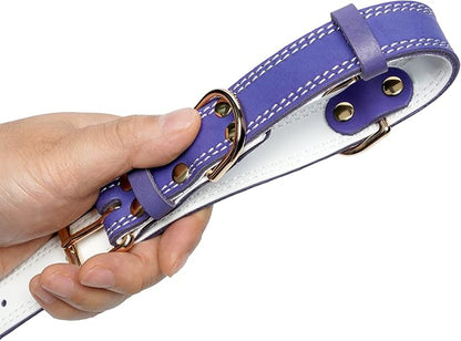 Genuine Leather Dog Collar, Heavy Duty Wide Dog Collar for Small, Medium, Large and Extra Large Dog (S: 0.8" Wide for 13.4"-15.8" Neck, Dual Stitch - Purple)