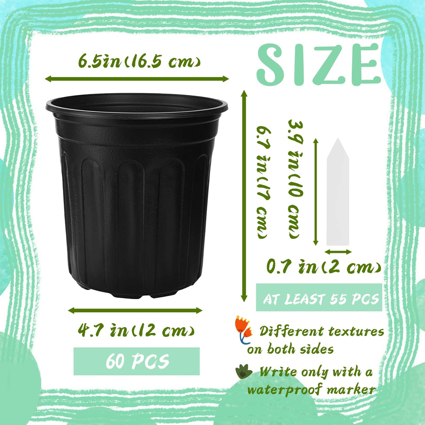 Paradi star 60 Pcs 1 Gallon Flexible Plant Nursery Pots,Plastic Thickened Soft Seedling Pot with Plant Labels,Flower Seed Starting Containers for Succulents,Transplanting,Indoor Outdoor,Black