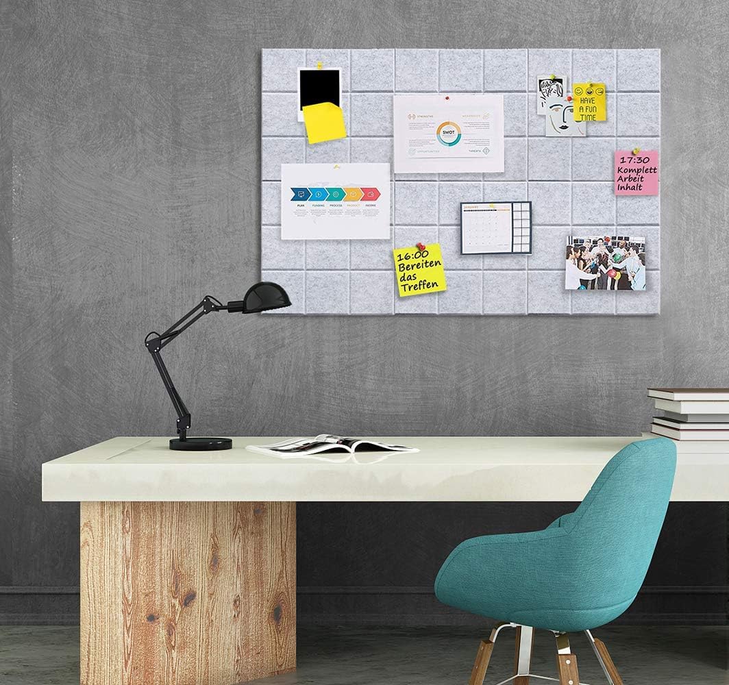 36" x 24" Large Black Cork Board Alternative - 6 Pack Felt Bulletin Board with 30 Push Pins, Felt Wall Tiles Pin Board for Walls Office Home School Decor, Aesthetic Cork Squares, Light Gray