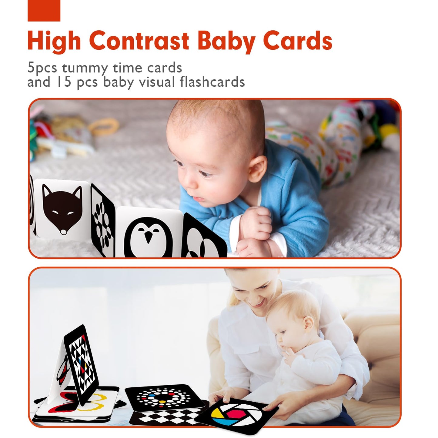 hahaland Tummy Time Contrast Flash Cards for Infants 0-3-6 Months, Newborn Sensory Visual Stimulation Baby Gift, Educational Brain Development Toys, Black and White Activity Cards 20 Cards