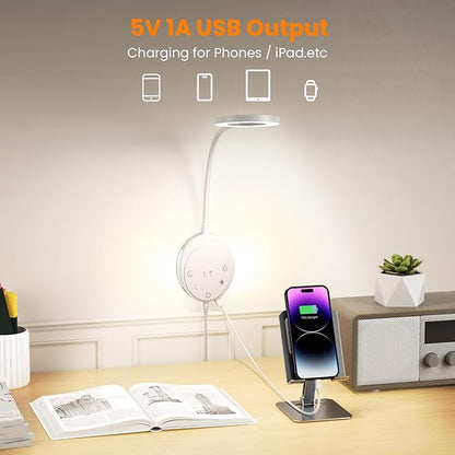 Wall Mounted Reading Light,Headboard Reading Lamp with 5 Color Temperature &5 Dimming,360°Flexible Gooseneck,USB Output, Night Light&Timer Function- Perfect for Reading in Bed (White 2 PCS)