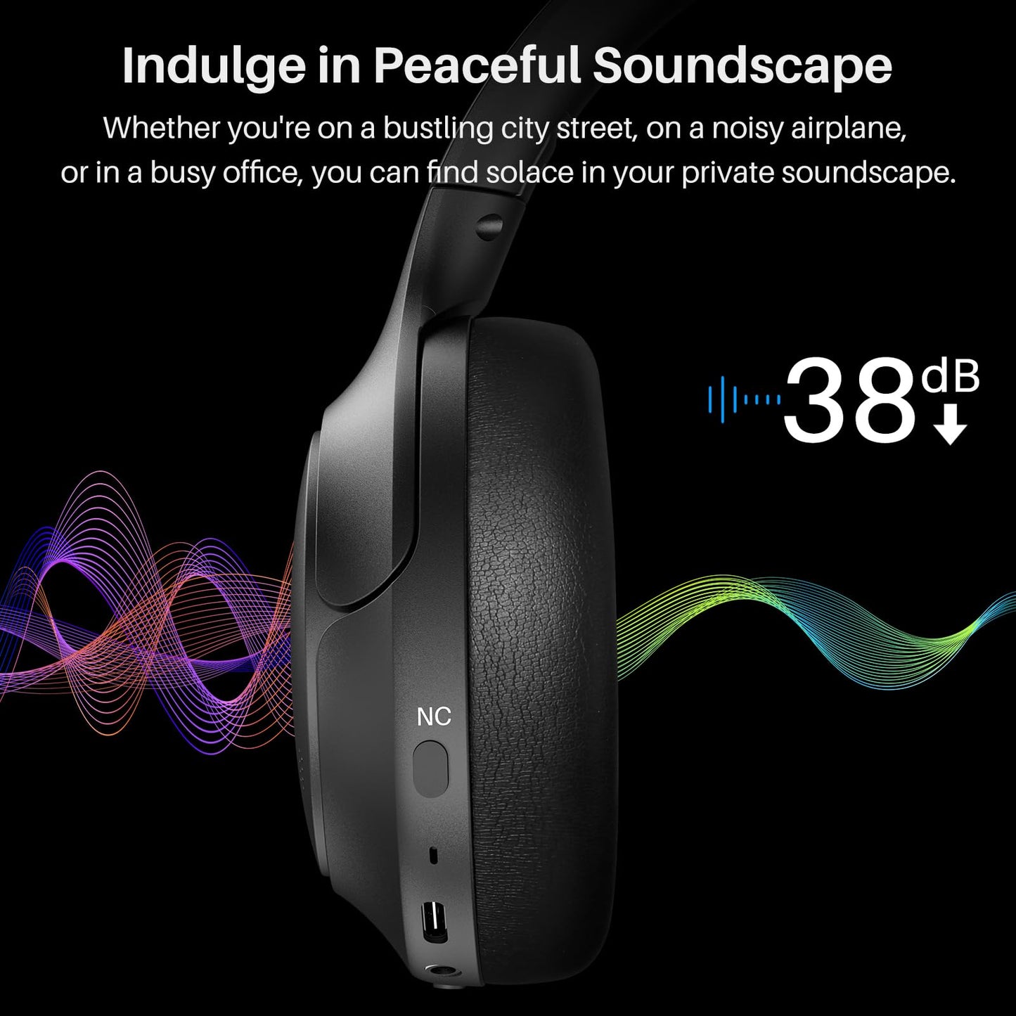 TOZO Hybrid Active Noise Cancelling Headphones, Wireless Over Ear Bluetooth Headset, 60H Playtime, Hi-Res Audio Custom EQ via App Deep Bass Comfort Fit Ear Cups, for Home Office Travel