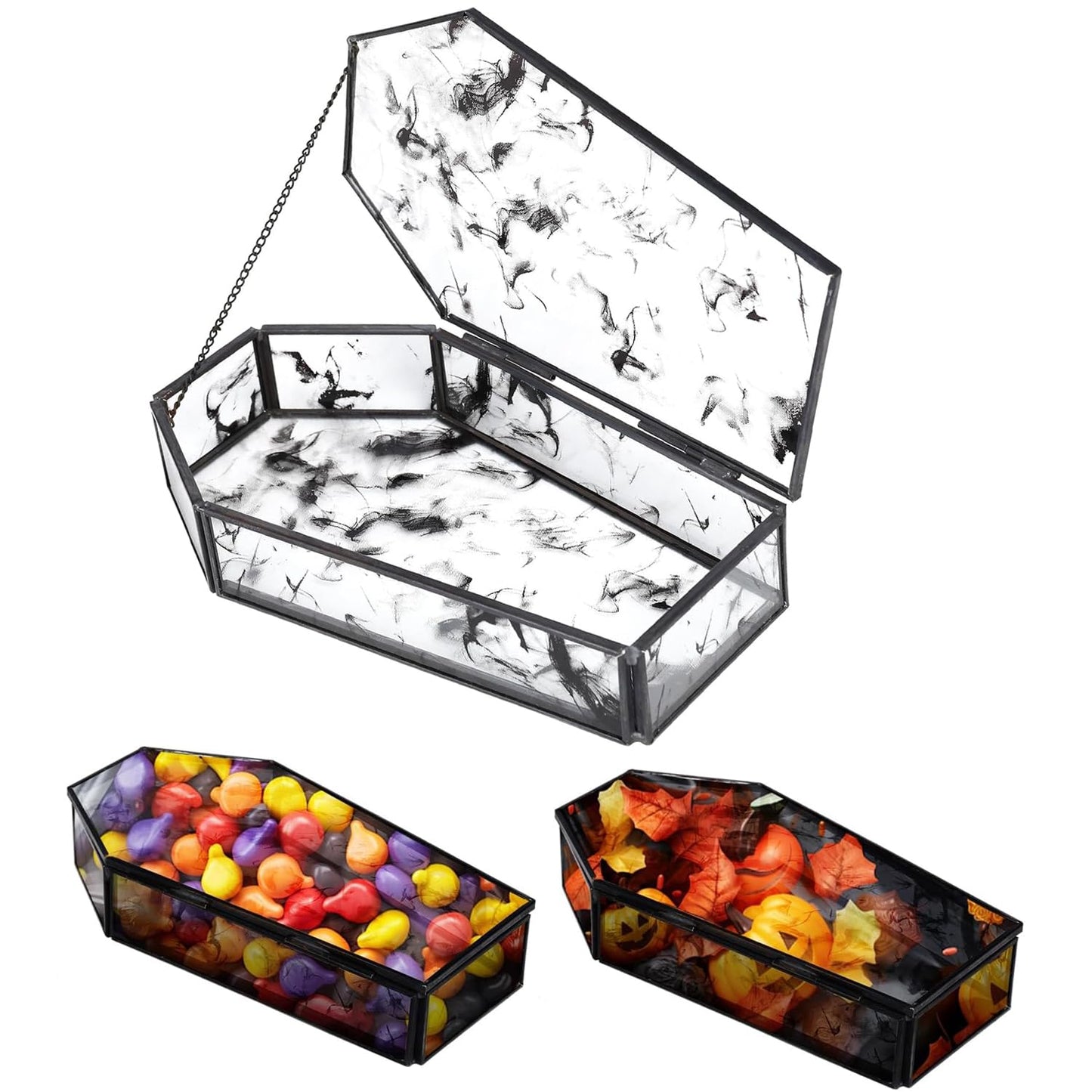 Afirst Halloween Glass Coffin Box with Lid, Halloween Candy Bowl, Vintage Gothic Storage, Jewelry Holder, Metal Frame