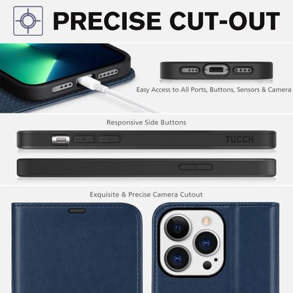 TUCCH Wallet Case for iPhone 13 Pro, [RFID Blocking] PU Leather Stand Folio Magnetic Card Slot Flip Cover with [TPU Protective Interior Case] Compatible with iPhone 13 Pro 6.1", Dark Blue