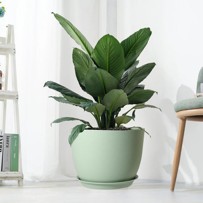 UOUZ 12inch Large Plant Pot, Modern Plastic Planter with High Driange Holes and Saucer for Indoor Outdoor Garden Plants and Flowers, Green