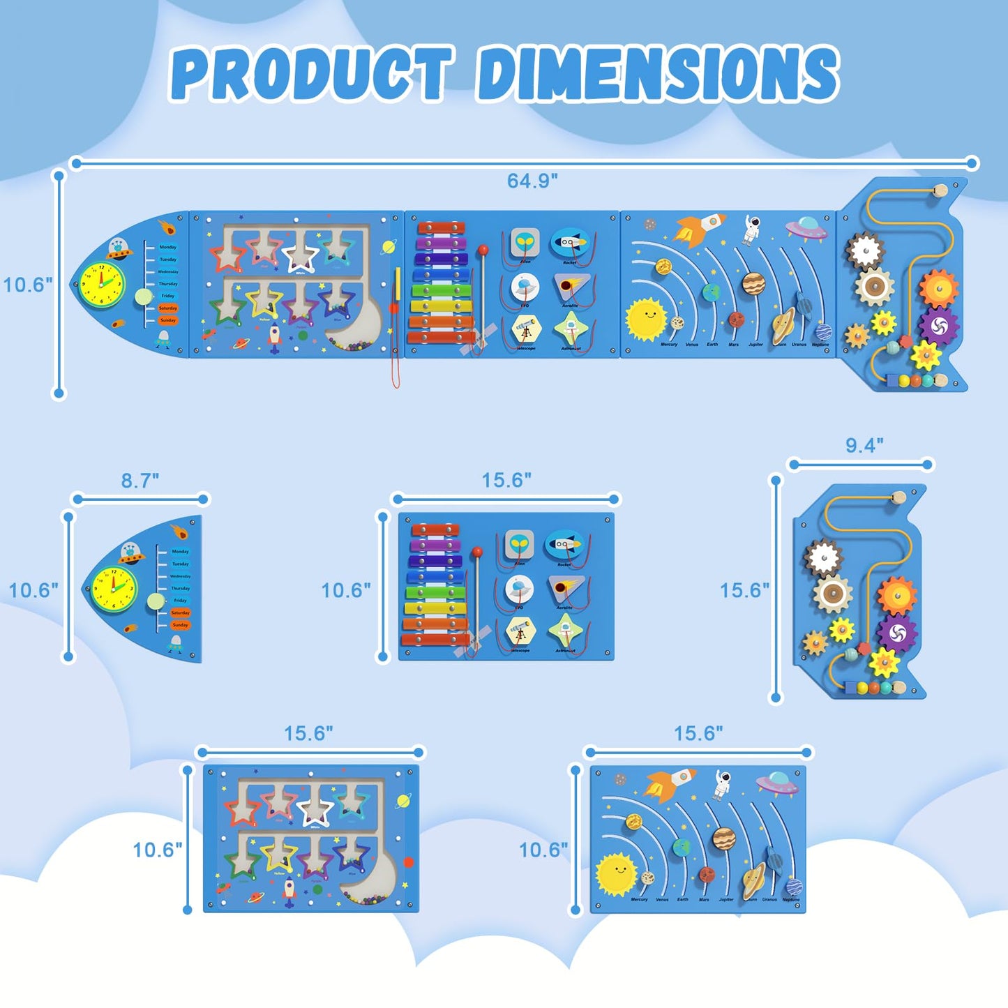 nigwet Rocket Activity Wall Busy Board Panels - Sensory Wall Panel for Kids, Montessori Toddler Wall Activity Board, Wall Toys for Toddlers 3, Activity Cube, Wooden Boards, Blue
