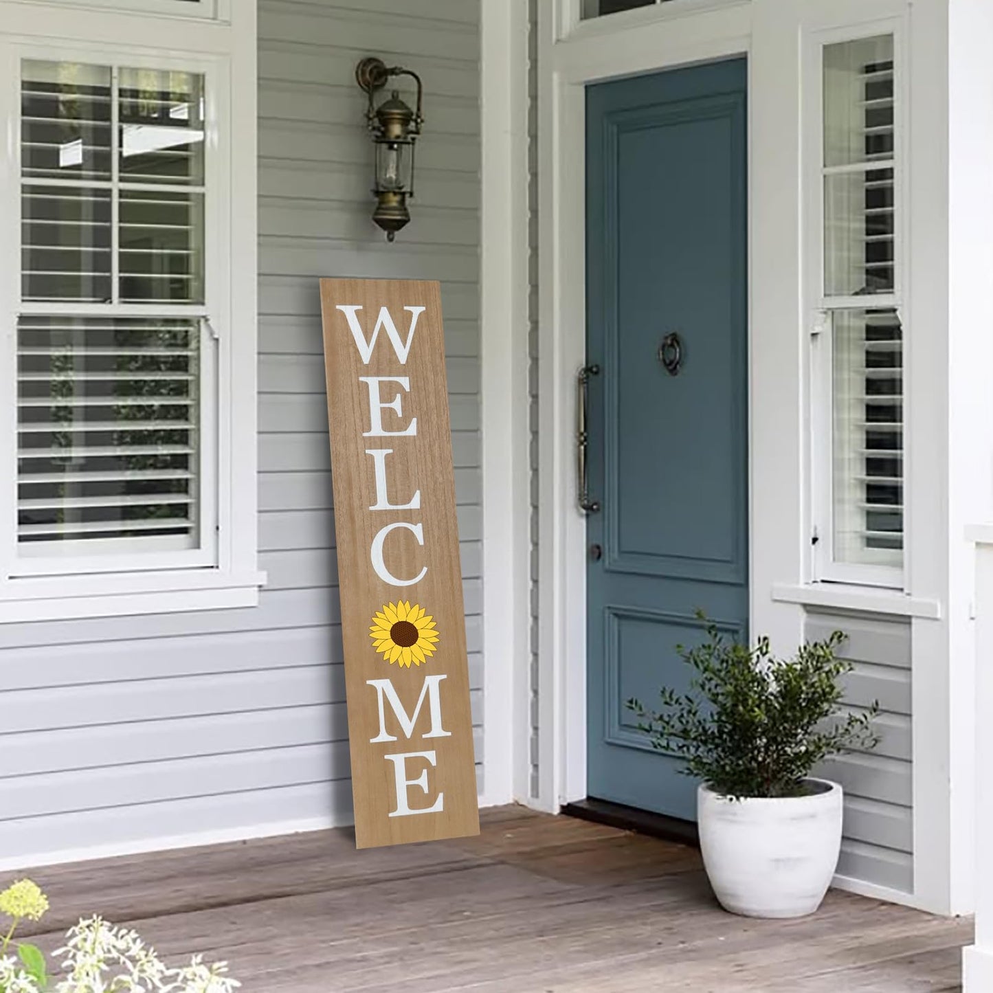 Interchangeable Wooden Porch Welcome Sign with 12 Interchangeable Icons 45"X9" Large Standing Hanging Seasonal Home Decor for Porch Wall Yard Decorations (Wood)