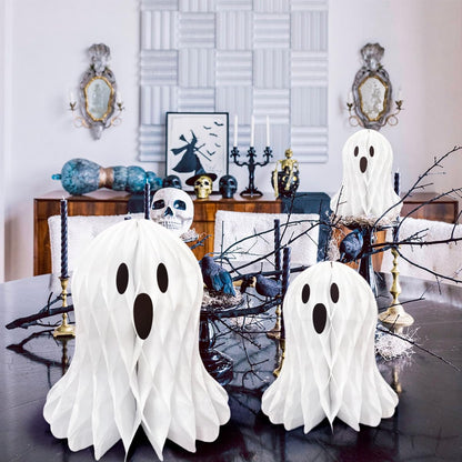 LUANTIANPAI Halloween Ghost Honeycomb Hanging Decorations 6 Pcs White Table Centerpiece Paper Hanging Ornaments Halloween Party Window Spooky Haunted House Desk Decor
