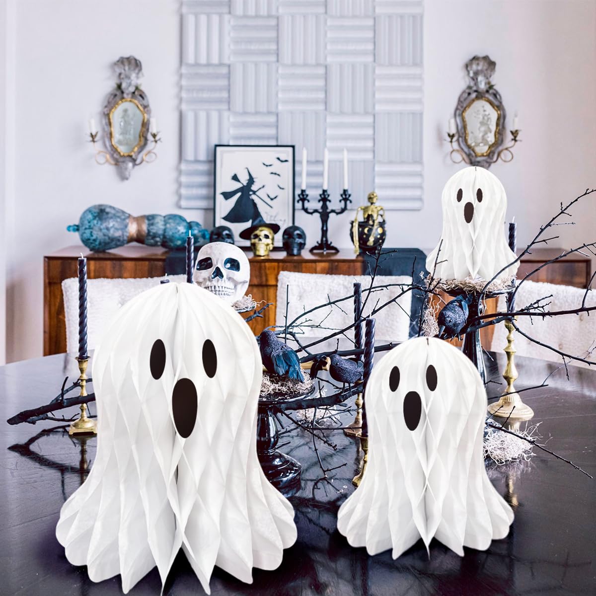 LUANTIANPAI Halloween Ghost Honeycomb Hanging Decorations 6 Pcs White Table Centerpiece Paper Hanging Ornaments Halloween Party Window Spooky Haunted House Desk Decor