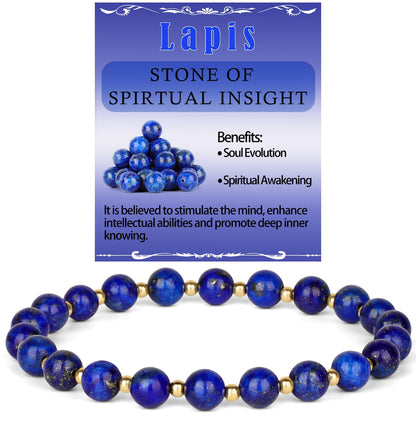 QOGIR Lapis - Stone of Spiritual Insight - 14K Gold Plated Beads Natural Gemstone Stretch Elastic Dainty Healing Beaded Bracelets Gifts 6mm