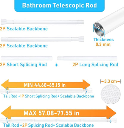 MEXAU 2 Pack White Tension Curtain Rod 45-77 Inch Shower Rod 7/8" Shower Curtain Rod Adjustable Spring Curtain Rods No Drilling Spring Rod Shower Curtain Tension Rod for Bathroom Windows Doorways