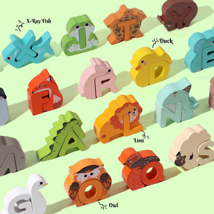 52 Pieces Matching Game, Wooden Alphabet Animal Puzzles for Toddlers, ABC Peg Puzzles for Kids Ages 3-5, Preschool Learning Activities Toys