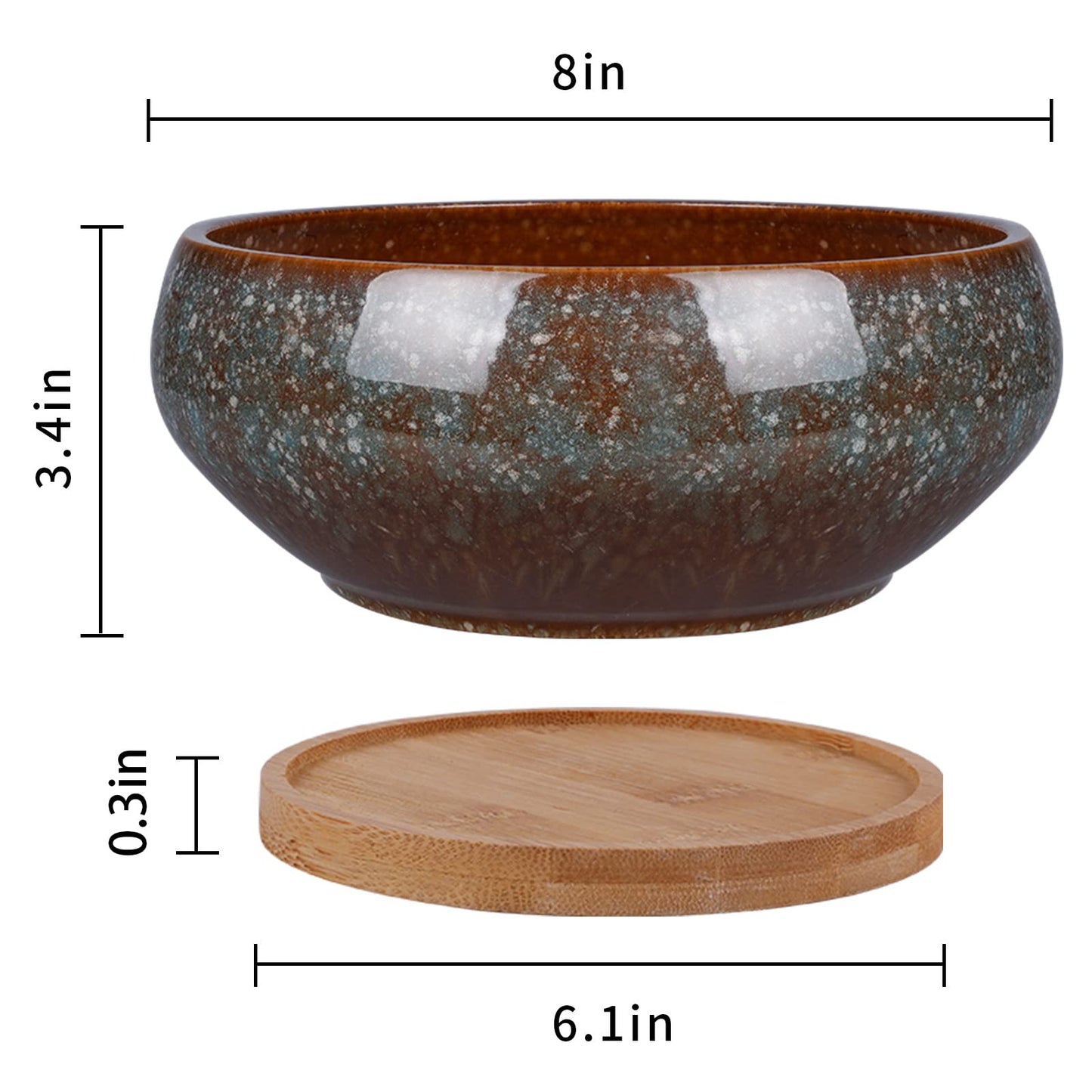 EPFamily 8 Inch Ceramic Bonsai Planter Pot, Glazed Shallow Succulent Planter with Drainage Hole and Bamboo Saucer for Indoor Plants, Green