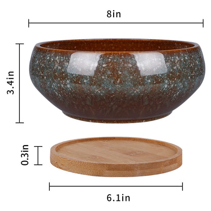 EPFamily 8 Inch Ceramic Bonsai Planter Pot, Glazed Shallow Succulent Planter with Drainage Hole and Bamboo Saucer for Indoor Plants, Green