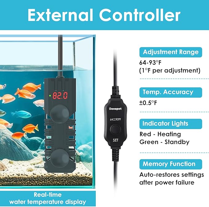 25W Aquarium Heater, Adjustable Small Fish Tank Heater, with Digital Display, Overheat Protection & Dry Run Protection, for 1-5 Gallon Water