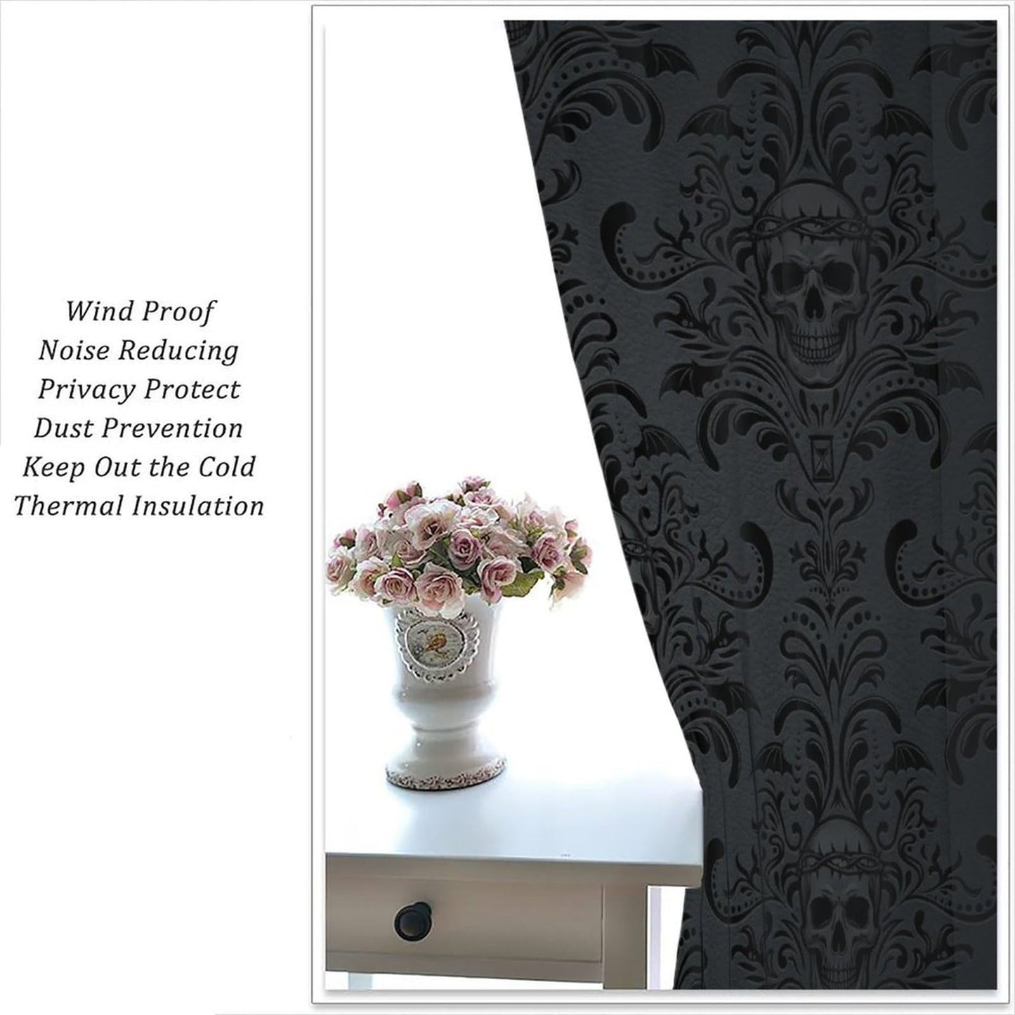 Halloween Curtains for Living Room,Skull Spooky Moody Skeleton Gothic Treatments Drapes for Bedroom Indoor Outdoor Event Party Decor 42" W X 45" L