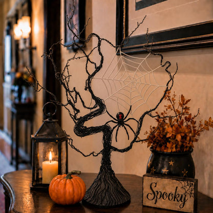 Haute Decor Halloween Tree with Spider - Lighted Black Metal Tree Halloween Centerpiece