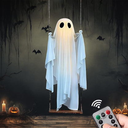 TitTees Halloween Decorations Outdoor, 5FT Large Hanging Ghost Swing with Remote Control String Lights, Spooky Cute Ghosts Decorations for Tree Porch Yard Garden Lawn
