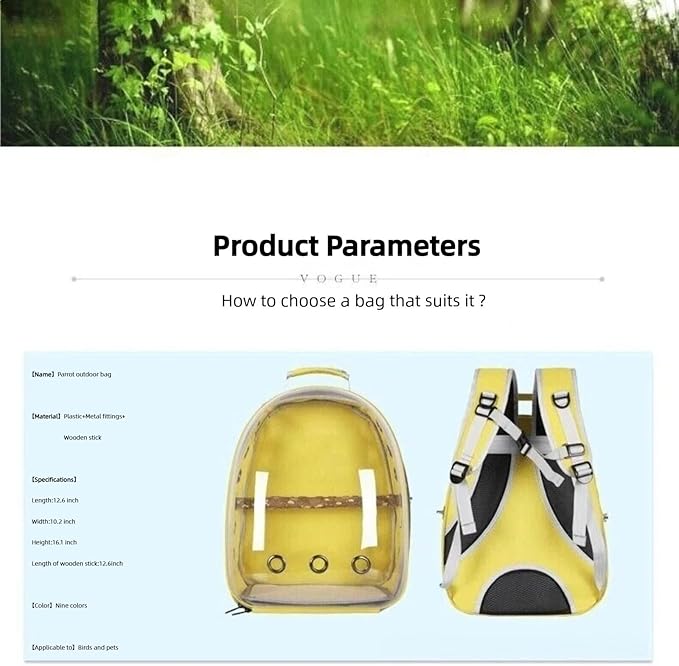 Bird Backpack, Lightweight and Breathable Outdoor Travel Backpack with 12 Breathable Holes, Wooden Pole, Adjustable Shoulder Strap for Birds and Pets (Black)