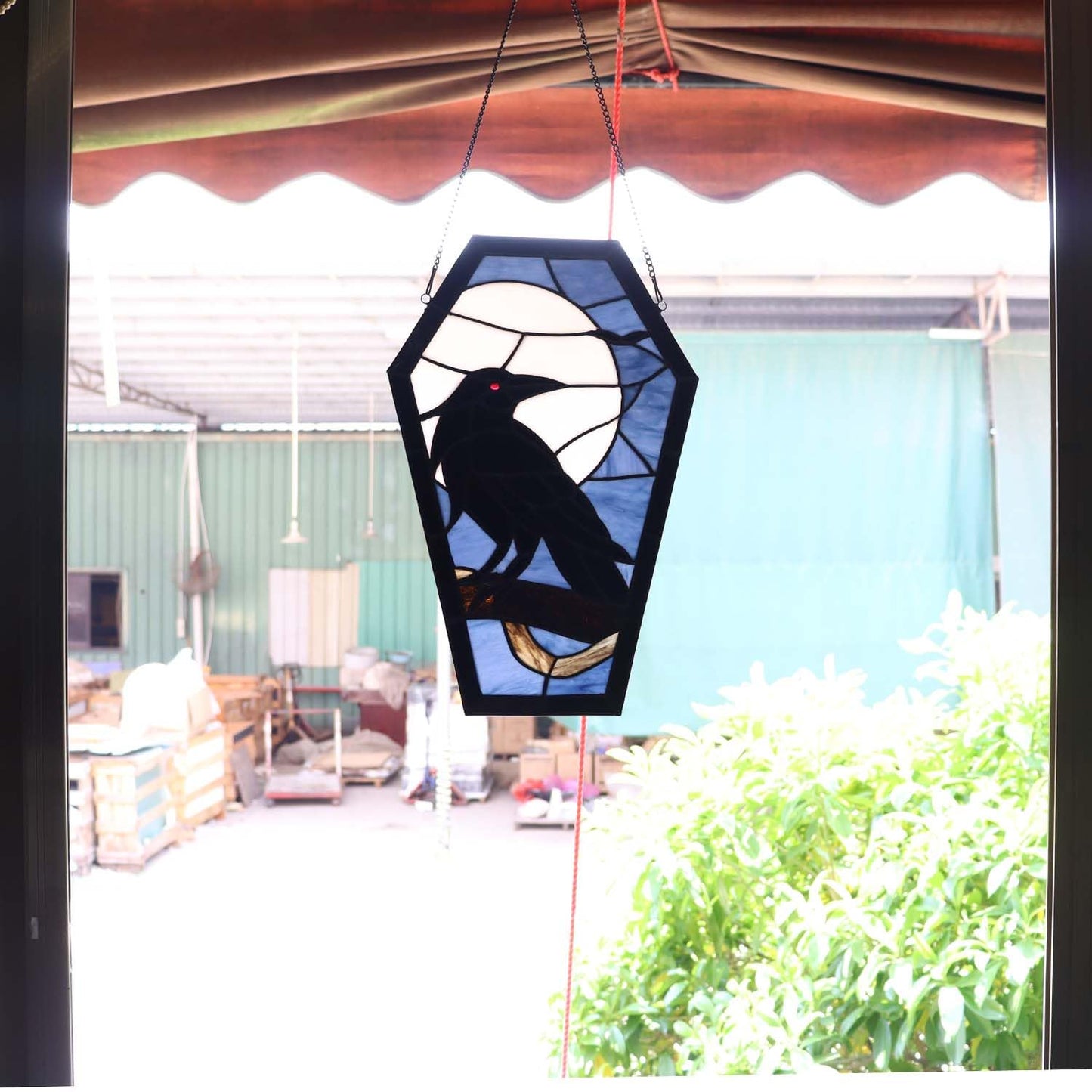 Bieye W12001 Gothic Raven Stained Glass Window Panel, Tiffany Style Hanging Suncatcher for Halloween Decor (Dark Blue, 16" H Coffin-shaped)