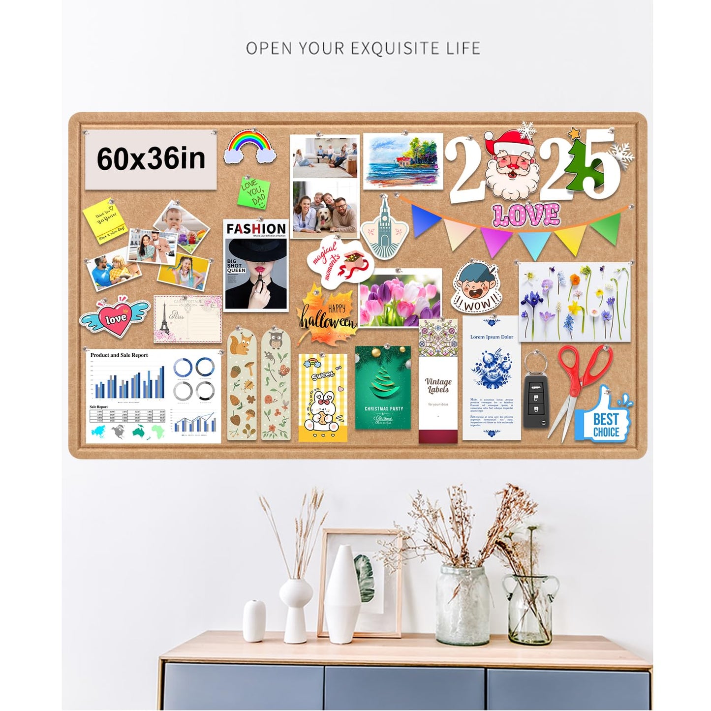 Large Bulletin Board, Foldable 60x36 Inches Cork Board Alternative, Large Felt Board Decorative Pin Board for Wall, Foldable Photo Board Self-Adhesive Vision Board with 36 Pushpins Brown