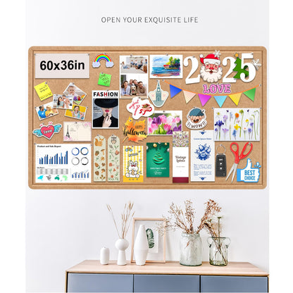Large Bulletin Board, Foldable 60x36 Inches Cork Board Alternative, Large Felt Board Decorative Pin Board for Wall, Foldable Photo Board Self-Adhesive Vision Board with 36 Pushpins Brown