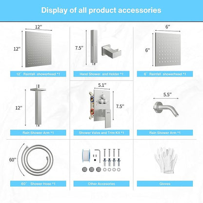 VANFOXLE Shower Faucet Set Brushed Nickel Shower System, Push Button Diverter Shower Faucet with Trim Kit, Ceiling Mount 12 Inch Shower Head Increased Thick, 6 Inch Side Shower Head, 2-in-1 Handheld