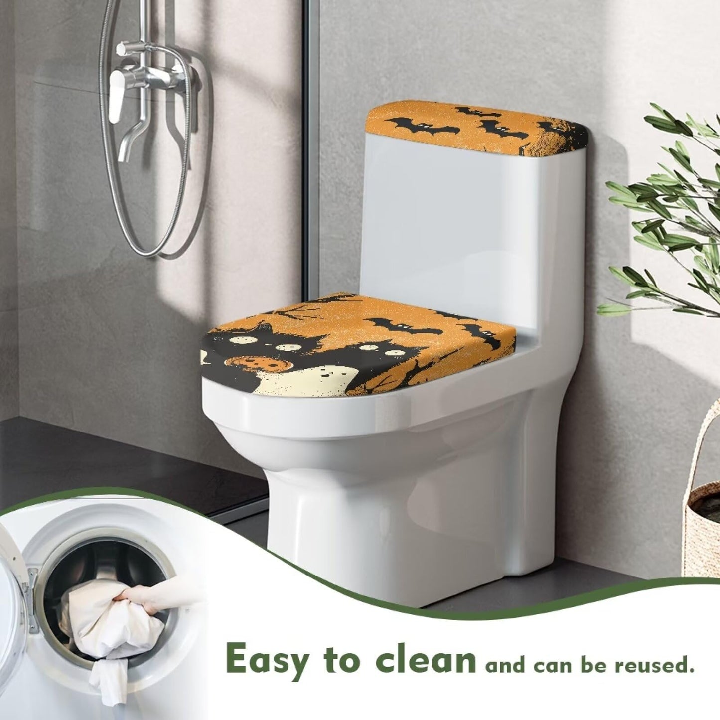 Kathyboom Halloween Ghost Bat Toilet Lid Cover Anti Splash Dust Resistant Covers with Elastic Edge Stretchable Toilet Seat Covers Keep Bathroom Toilet Clean