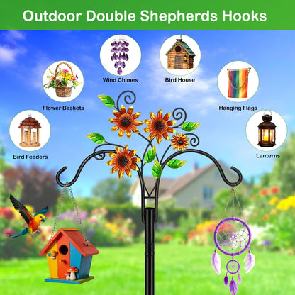 Double Shepherds Hooks for Outdoor, 2 Pack 78 Inch Bird Feeder Pole with 5 Prongs Base, Adjustable Heavy Duty Plant Hangers Sunflower Art for Outdoor Plants Hummingbird Feeder Hanging Basket Lantern