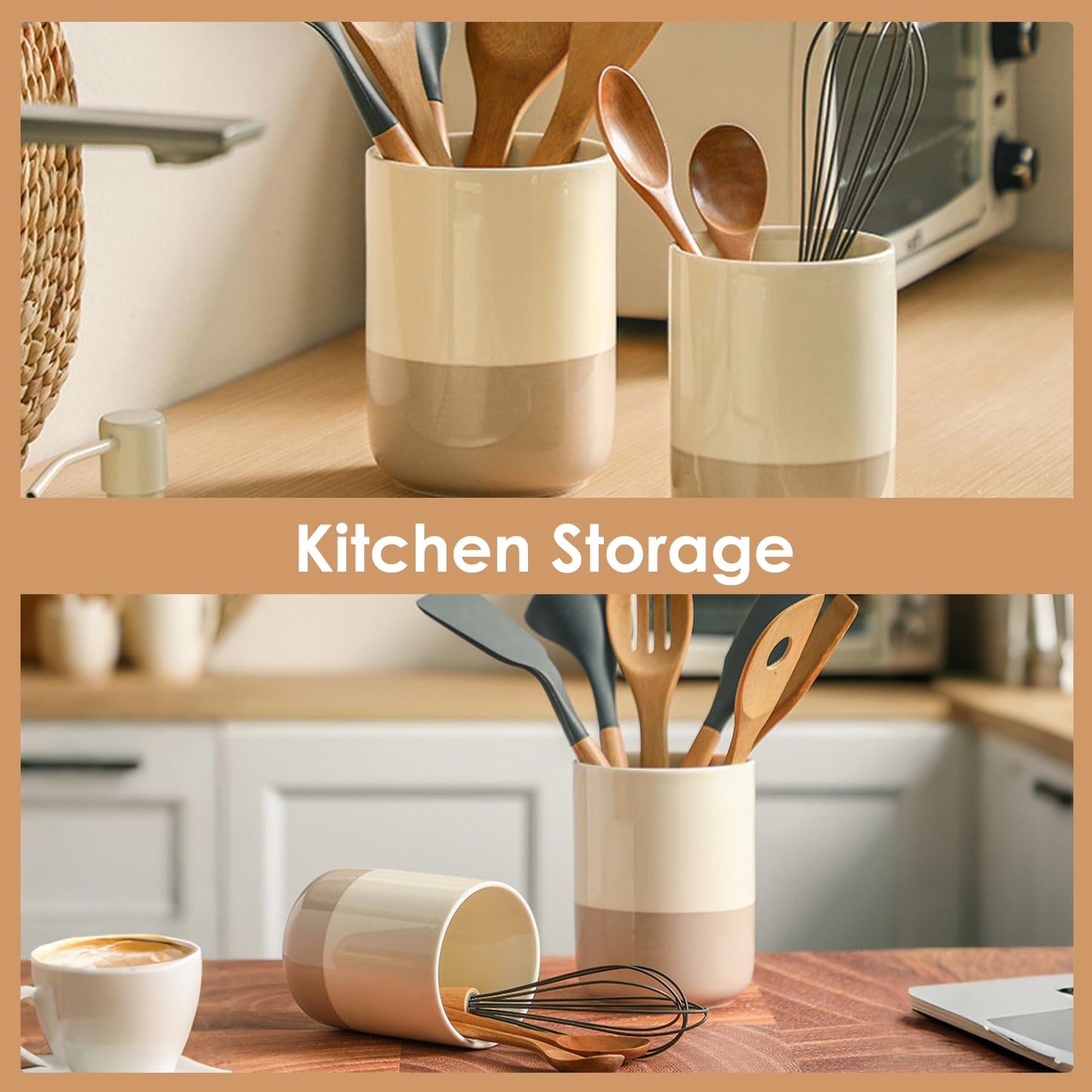 CLAYORA Ceramic Utensil Holder Set, 6.3''+5.3'' Cooking Utensil Crocks for Kitchen Counter, Modern Design Cooking Tool Organizer Set of 2, 800ml+1300ml Ideal for Spatula, Cutlery, Makeup, Flower Vase