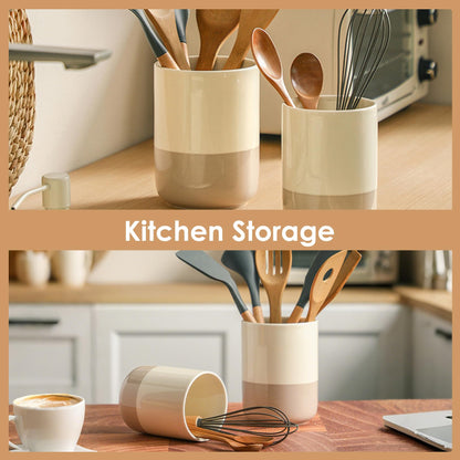 CLAYORA Ceramic Utensil Holder Set, 6.3''+5.3'' Cooking Utensil Crocks for Kitchen Counter, Modern Design Cooking Tool Organizer Set of 2, 800ml+1300ml Ideal for Spatula, Cutlery, Makeup, Flower Vase
