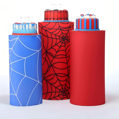 Mindsoft Set of 3 Spider Themed Spandex Cylinder Stand Covers for Carnival Party, Red Blue Cylinder Pedestal Cover, Dessert Table Display for Birthday Baby Shower Backdrop Decor(Spider)