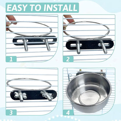 PINVNBY Stainless Steel Bird Bowl Parrot Food Water Bowls with Clamp Holder Bird Feeder Dish Cups Crate Bowls for Cockatiel Pigeons Conure Budgies African Greys (2PCS Screw Size: L)