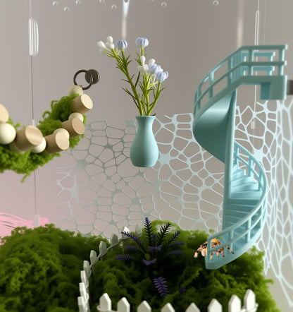 Okueejur 4pc Jumping Spider Enclosure Accessories Set – Fun Spinning Stairs and Vase with Flower,Spiders Net, Climbing Set with Magnetic Mount for Jumping Spider Enclosure Accessory Decoration (Blue)