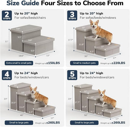 4-Step Wide Dog Stairs 23" H with Removable Cover, Non-Slip Storage Pet Steps for High Bed Couch, Pet Stairs for Small/Medium/Large Old Dogs Puppy Up to 260lbs, Cat Dog Steps for Car, Grey