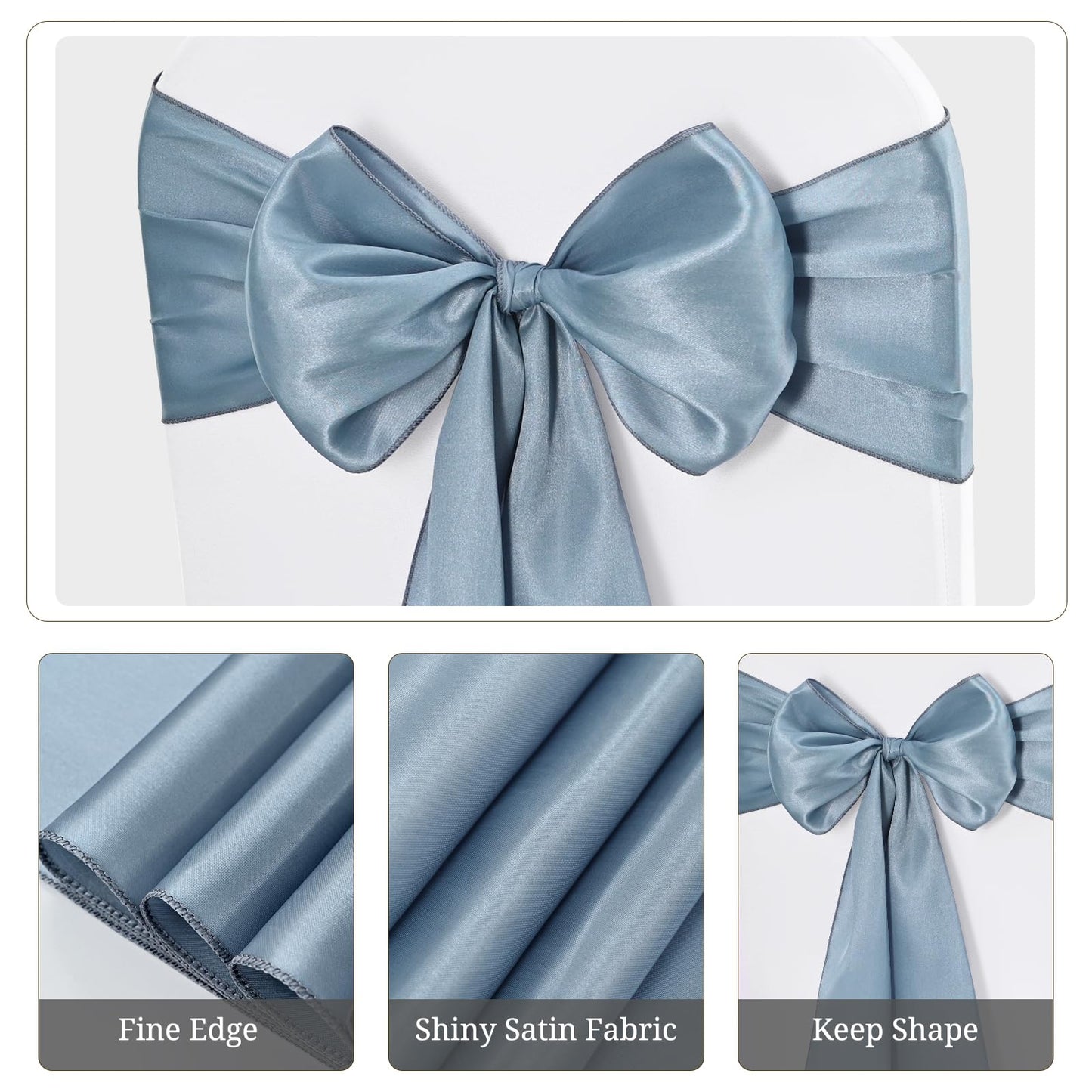 Pesonlook 50Pcs Satin Chair Sashes Ties, Dusty Blue Satin Chair Sashes Bows Chair Cover Back Tie Supplies for Wedding Reception Events Banquets Party, Hotel Event, Chairs Decoration