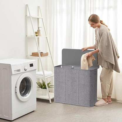 Lifewit Triple Laundry Hamper with Lid and Removable Laundry Bags, Large Collapsible 3 Dividers Dirty Clothes Basket with Handles for Bedroom, Laundry Room, Closet, Bathroom, College, 180L Light Gray