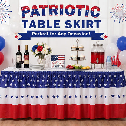 4 Pcs Patriotic 4th of July Table Skirts Disposable Plastic 2.4 x 14.3 Ft 4th of July 250th Anniversary American Star Table Skirt for Independence Day Memorial Day Party Supplies