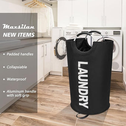 Maxsilan 90L Large Laundry Basket, Freestanding Tall Clothes Hamper, Collapsible Laundry Bag, Black