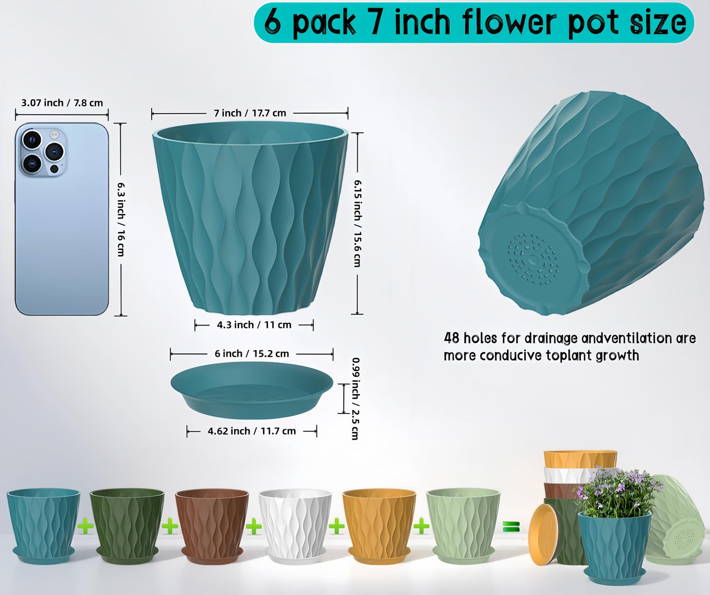 zople 6 Pack 7 Inch Plant Pots with Drainage and Saucers, Multicolour Plastic Flower Pots for Indoor and Outdoor Plants, Stackable Nursery Planters for Houseplants and Herbs, Multicolour