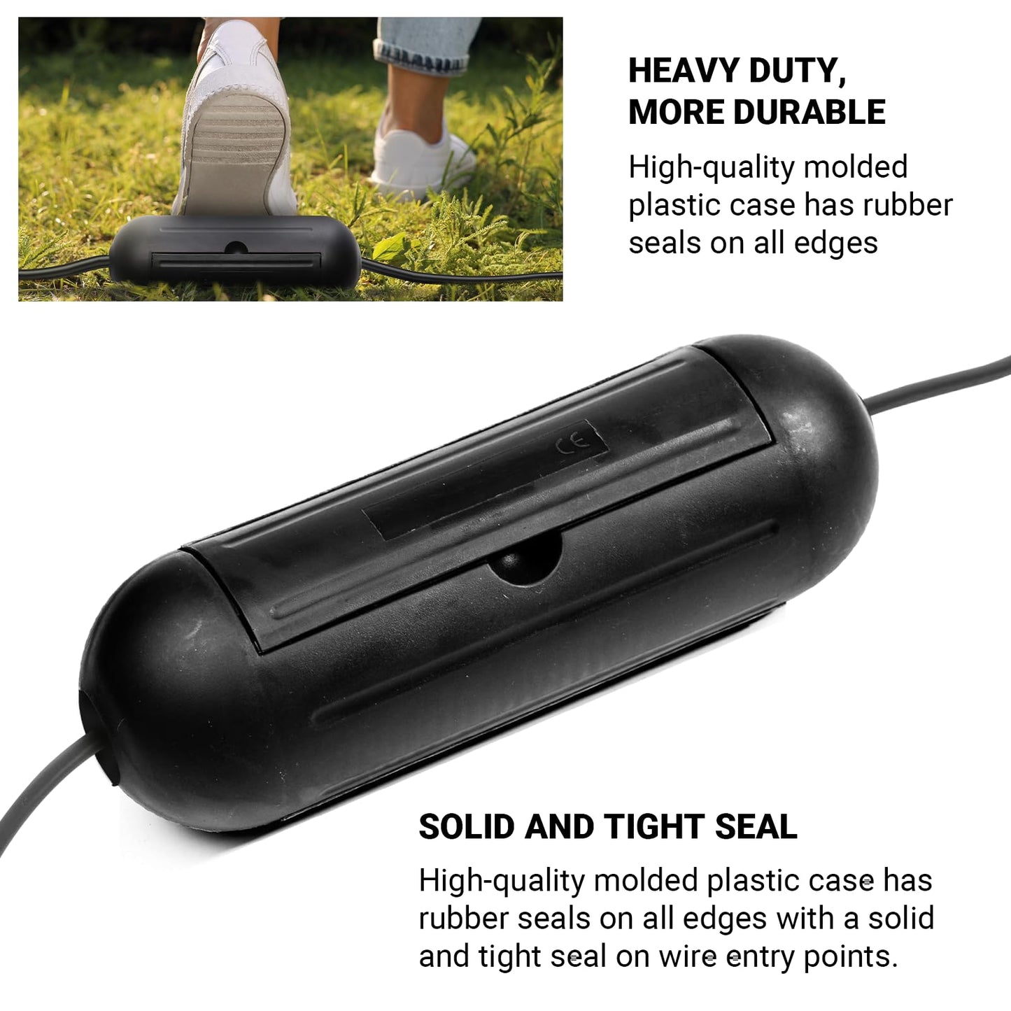 4 Pack Extension Cord Protective Cover Set (Black) | Indoor Outdoor Water-Resistant Holder for Holiday String Lights and Wires | Capsule Shaped Protector with Large Compartment