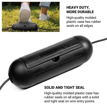 4 Pack Extension Cord Protective Cover Set (Black) | Indoor Outdoor Water-Resistant Holder for Holiday String Lights and Wires | Capsule Shaped Protector with Large Compartment