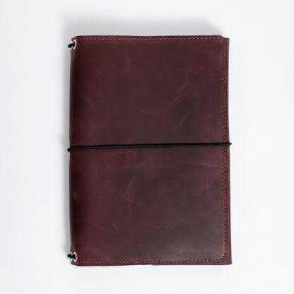 TORAKIP Genuine Leather A5 Notebook Cover – Refillable Journal Case with 3 Elastic Bands, Pen Holder & Inner Pockets, Fits Standard A5 Inserts 5.8 x 8.3 inch (Paper Not Included), Burgundy