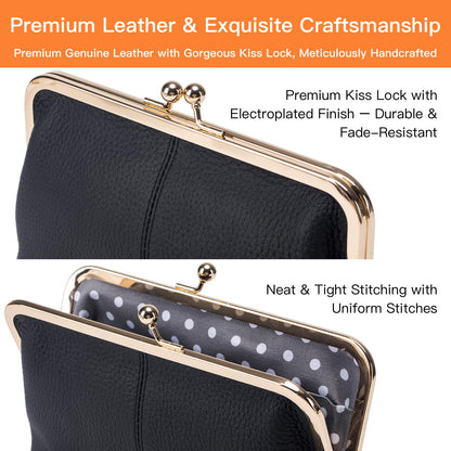 Leather Wallet for Women with Kiss Lock Closure, Multiple Card Slots, Smartphone Holder, 8.07 x 4.72 Inches (Black)