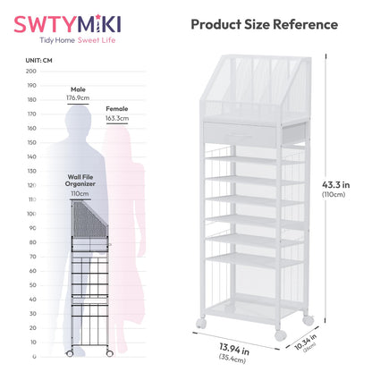 SWTYMIKI 9-Tier Rolling File Cart - Paper Organizer with Drawer and Trays, Wood Desk Office Organizer, Office Organization and Binder Storage for Workspace, Home, School, White