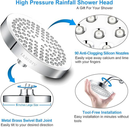 High Pressure Rainfall Shower Head, 6 Inches Showerhead with Perfect Adjustable Replacement, Removable Restrictor, Easy Installation for Your Bathroom Shower Heads (Chrome Plated + Shower Arm)