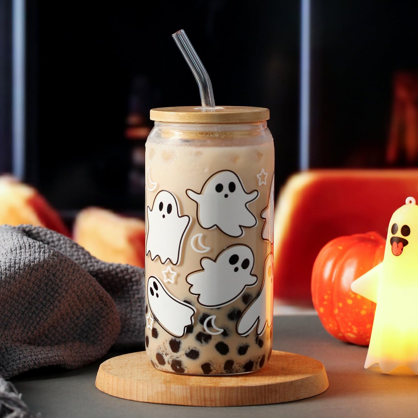 KMCCUMBER Halloween Ghost Fall Glass Cup with Lids and Straws, 16 oz Ghost Fall Mug, Iced Coffee Glass Tumbler, Spooky Glass Cups, Goth Spooky Gifts for Her, Halloween Gifts for Women Teens
