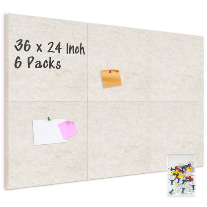 DOLLAR BOSS Felt Cork Board Tiles, 6 Packs 12" x 12" 1/2" Thick Cork Bulletin Board Adhesive Acoustic Panels Soundproof Corkboards for Walls with 60 Pushpins for Home Office Kitchen School, Beige