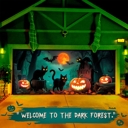 YUSPENYE Halloween Garage Door Decorations with Black Cats Design, Durable Halloween Garage Door Banner for Double Garage Doors 7x16 ft, Outdoor Party Backdrop